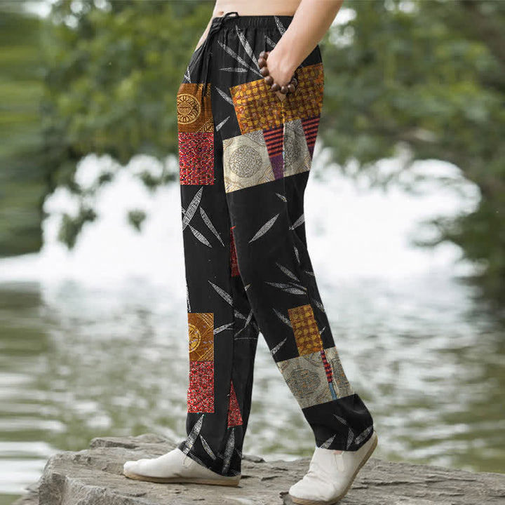 Buddha Stones Herrenhose aus Baumwolle mit böhmischem Patchwork-Blattmuster, schmal zulaufend und mit Taschen - image 7