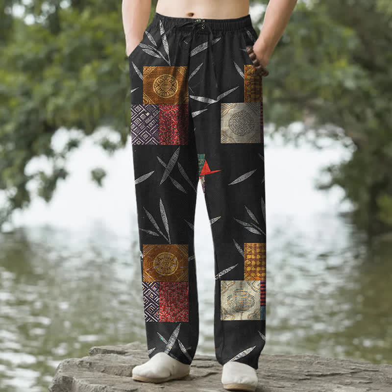 Buddha Stones Herrenhose aus Baumwolle mit böhmischem Patchwork-Blattmuster, schmal zulaufend und mit Taschen - Schwarz - US/ UK/AU50, EU60 (5XL) - image 6
