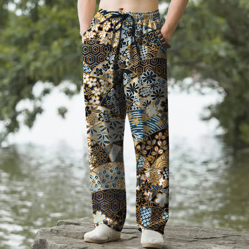 Buddha Stones Herrenhose aus Baumwolle mit böhmischem Patchworkmuster, schmal zulaufend und mit Taschen - Schwarz - US/ UK/AU50, EU60 (5XL) - image 0
