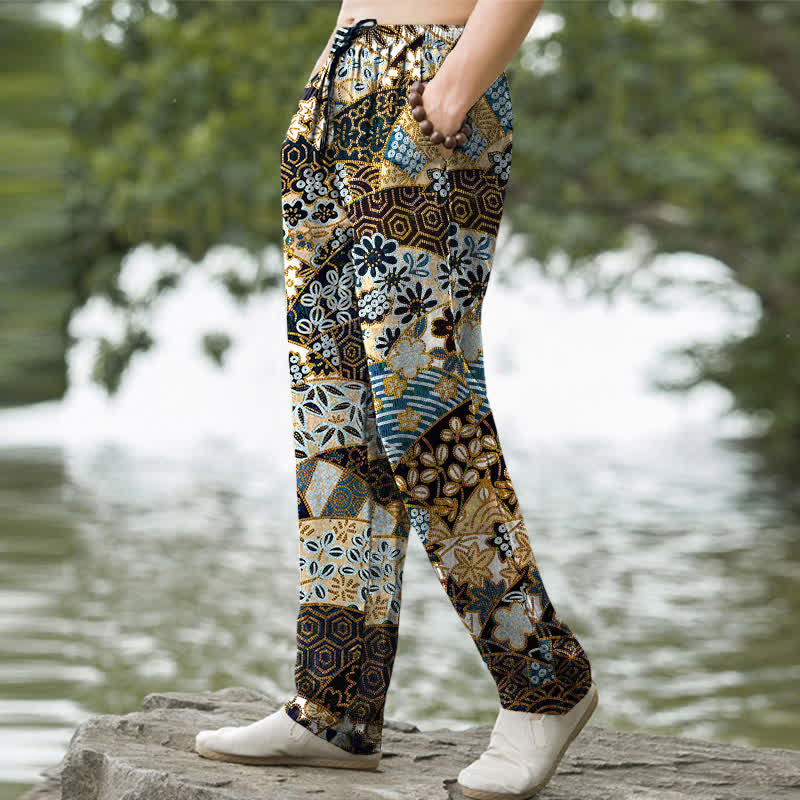 Buddha Stones Herrenhose aus Baumwolle mit böhmischem Patchworkmuster, schmal zulaufend und mit Taschen - image 1