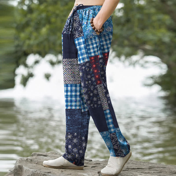Buddha Stones Herrenhose aus Baumwolle mit Patchwork-Blumenmuster, schmal zulaufendem Schnitt und Taschen - image 1