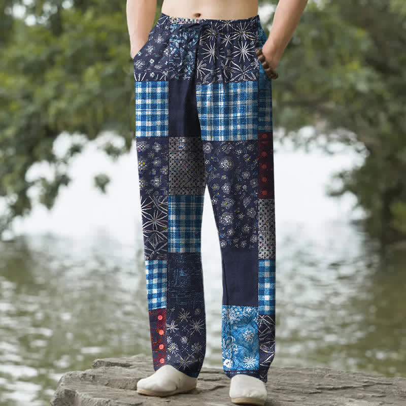 Buddha Stones Herrenhose aus Baumwolle mit Patchwork-Blumenmuster, schmal zulaufendem Schnitt und Taschen - Marine - US/ UK/AU50, EU60 (5XL) - image 0