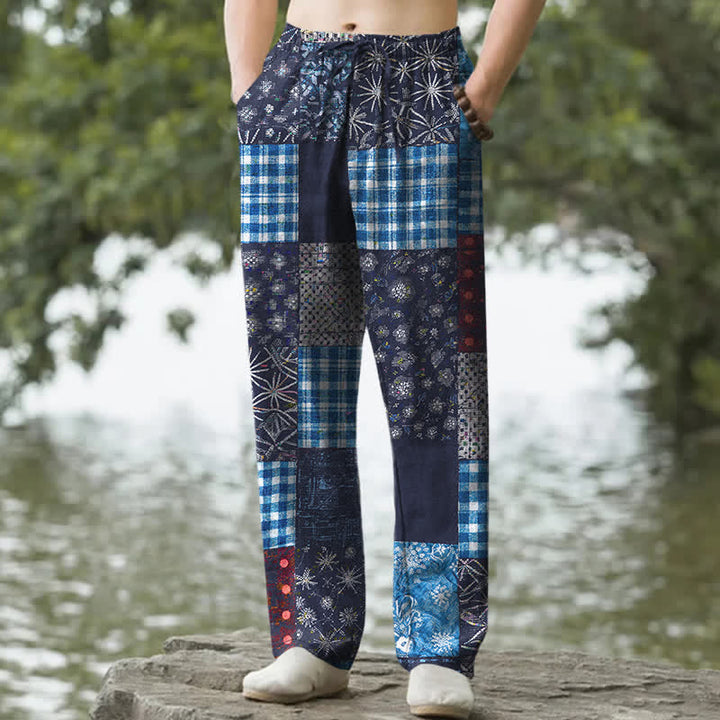 Buddha Stones Herrenhose aus Baumwolle mit Patchwork-Blumenmuster, schmal zulaufendem Schnitt und Taschen - Marine - US/ UK/AU50, EU60 (5XL) - image 0
