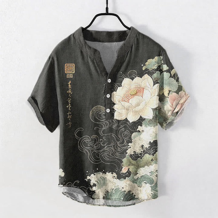 Buddha Stones Kurzarmhemd aus Baumwolle mit Lotus-Wellenmuster und halber Knopfleiste, Herren, Kurzarm, Hemdreihe mit halber Knopfleiste - DimGray - US/ UK/AU50, EU60 (5XL) - image 0