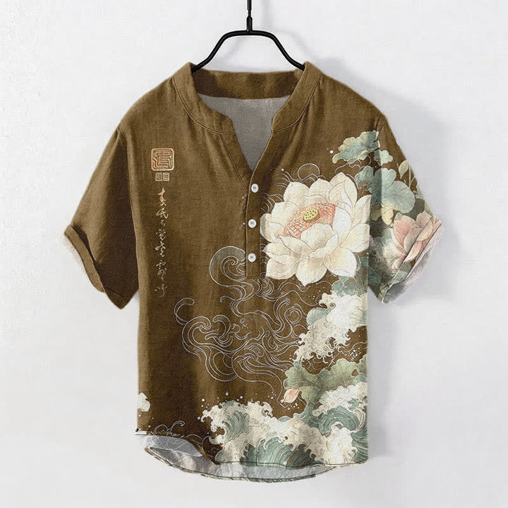 Buddha Stones Kurzarmhemd aus Baumwolle mit Lotus-Wellenmuster und halber Knopfleiste, Herren, Kurzarm, Hemdreihe mit halber Knopfleiste - Sattelbraun - US/ UK/AU50, EU60 (5XL) - image 5