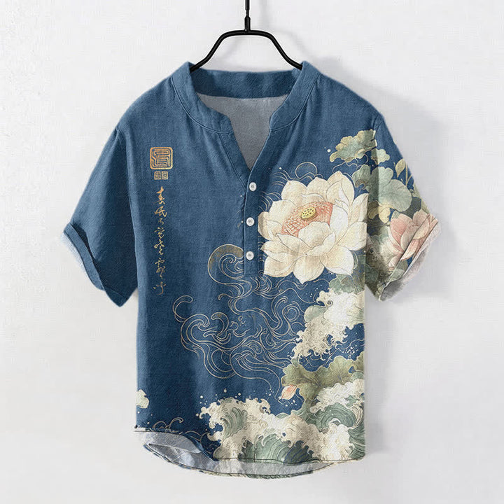 Buddha Stones Kurzarmhemd aus Baumwolle mit Lotus-Wellenmuster und halber Knopfleiste, Herren, Kurzarm, Hemdreihe mit halber Knopfleiste - SteelBlue - US/ UK/AU50, EU60 (5XL) - image 10