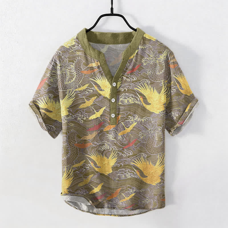 Buddha Stones Kurzarmhemd aus Baumwolle mit fliegendem Kranich-Wellenmuster für Herren, halb geknöpft - Olive - US/ UK/AU50, EU60 (5XL) - image 7