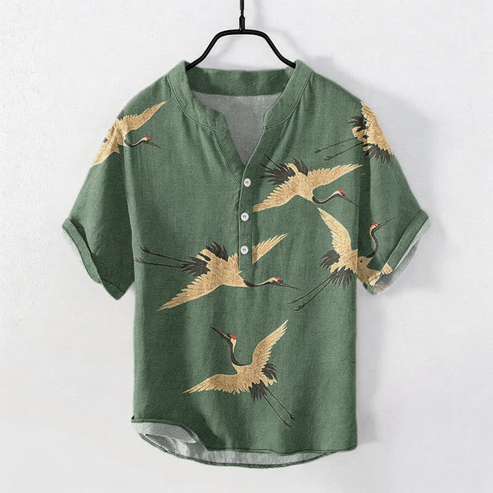 Buddha Stones Kurzarm-Herrenhemd aus Baumwolle mit Kranichmuster und halber Knopfleiste - Olivgrün - US/ UK/AU50, EU60 (5XL) - image 0