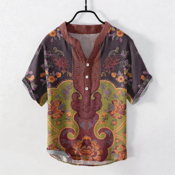 Buddha Stones Kurzarmhemd aus Baumwolle mit barockem Blumenmuster und halber Knopfleiste für Herren - Kastanienbraun - US/ UK/AU50, EU60 (5XL) - image 0