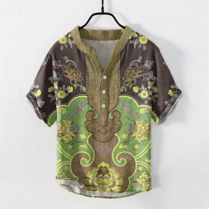 Buddha Stones Kurzarmhemd aus Baumwolle mit barockem Blumenmuster und halber Knopfleiste für Herren - Olive - US/ UK/AU50, EU60 (5XL) - image 5