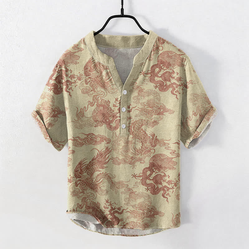 Buddha Stones Baumwollhemd im Vintage-Stil mit Drachenmuster, kurzärmelig, halbe Knopfleiste - Weizen - US/ UK/AU50, EU60 (5XL) - image 0