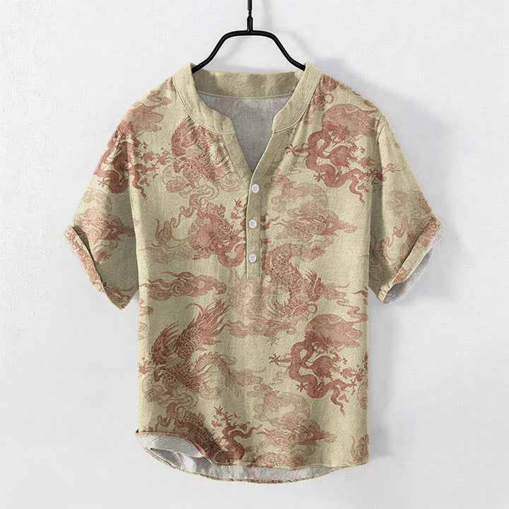 Buddha Stones Baumwollhemd im Vintage-Stil mit Drachenmuster, kurzärmelig, halbe Knopfleiste - Weizen - US/ UK/AU50, EU60 (5XL) - image 0