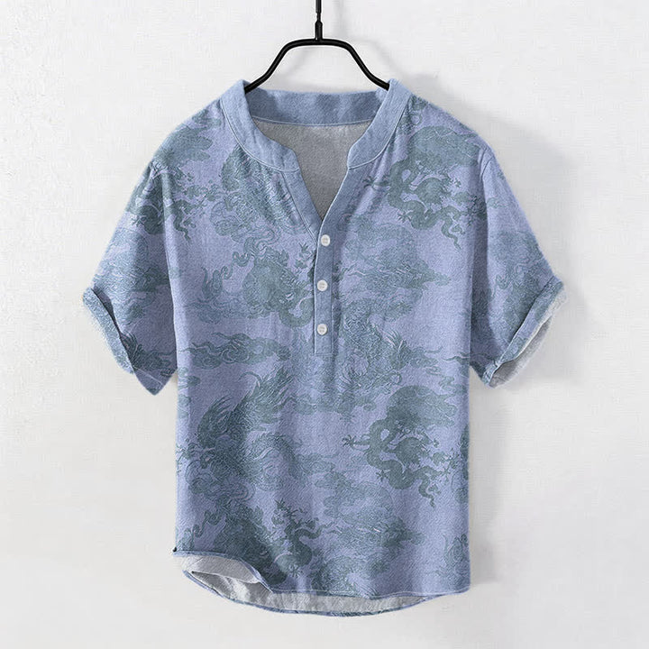Buddha Stones Baumwollhemd im Vintage-Stil mit Drachenmuster, kurzärmelig, halbe Knopfleiste - Hellblau - US/ UK/AU50, EU60 (5XL) - image 3