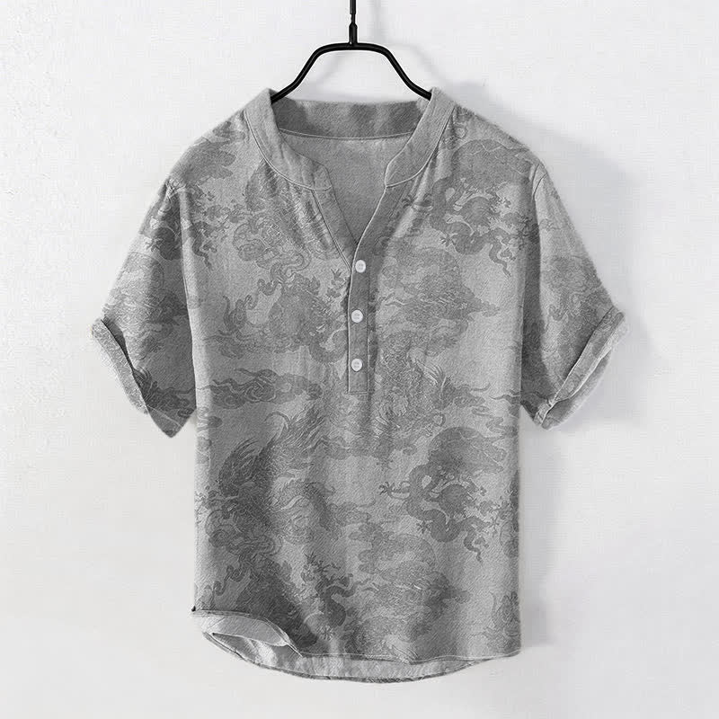 Buddha Stones Baumwollhemd im Vintage-Stil mit Drachenmuster, kurzärmelig, halbe Knopfleiste - Hellgrau - US/ UK/AU50, EU60 (5XL) - image 5