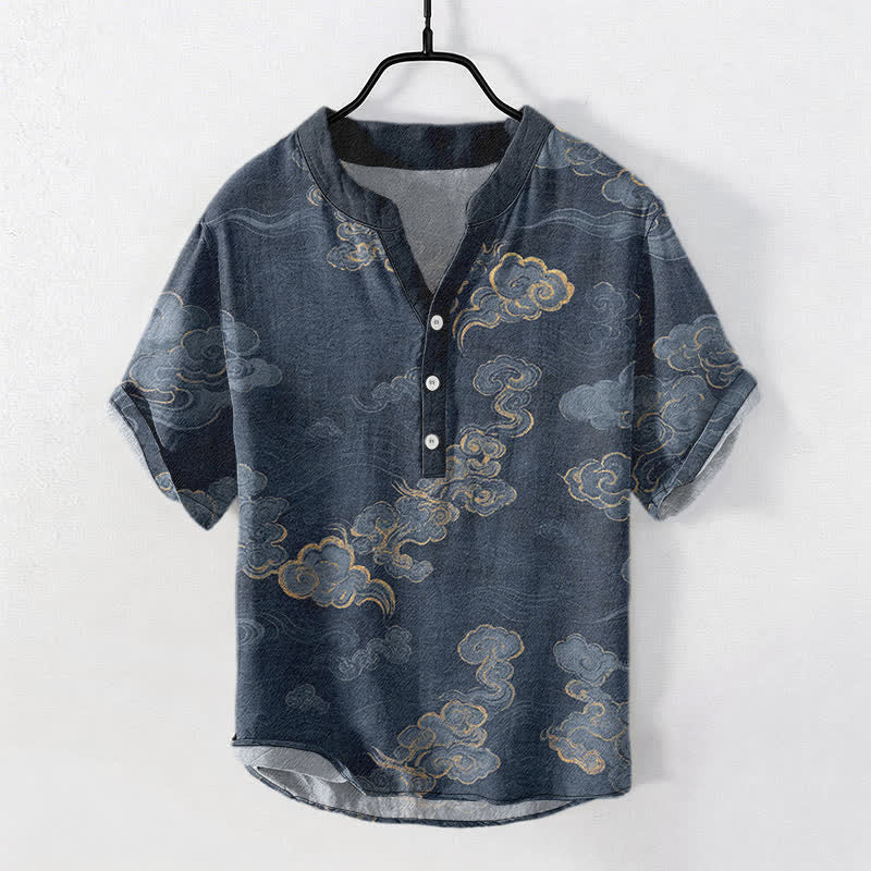 Buddha Stones Kurzarmhemd aus Baumwolle mit Wolkenmuster für Herren, halbknöpfig, kurzärmelig, mit halber Knopfleiste - Marine - US/ UK/AU50, EU60 (5XL) - image 0