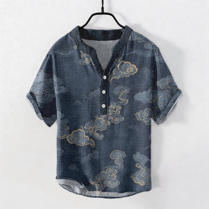 Buddha Stones Kurzarmhemd aus Baumwolle mit Wolkenmuster für Herren, halbknöpfig, kurzärmelig, mit halber Knopfleiste - Marine - US/ UK/AU50, EU60 (5XL) - image 0