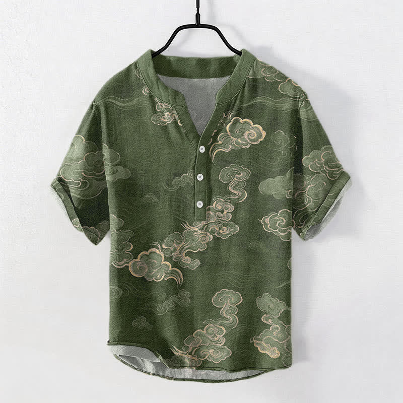 Buddha Stones Kurzarmhemd aus Baumwolle mit Wolkenmuster für Herren, halbknöpfig, kurzärmelig, mit halber Knopfleiste - Olivgrün - US/ UK/AU50, EU60 (5XL) - image 7