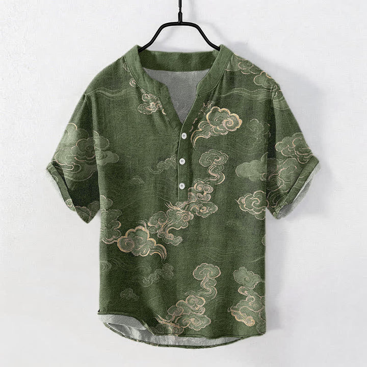 Buddha Stones Kurzarmhemd aus Baumwolle mit Wolkenmuster für Herren, halbknöpfig, kurzärmelig, mit halber Knopfleiste - Olivgrün - US/ UK/AU50, EU60 (5XL) - image 7