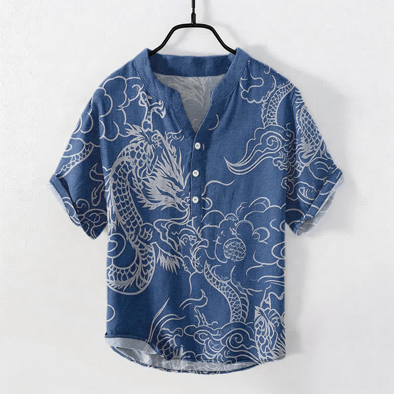 Buddha Stones Baumwollhemd für Herren, weiß, mit Drachen- und Wolkenmuster, Kurzarm, halbe Knopfleiste - SteelBlue - US/UK/AU50, EU60 (5XL) - image 0