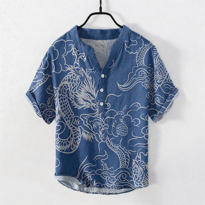 Buddha Stones Baumwollhemd für Herren, weiß, mit Drachen- und Wolkenmuster, Kurzarm, halbe Knopfleiste - SteelBlue - US/UK/AU50, EU60 (5XL) - image 0