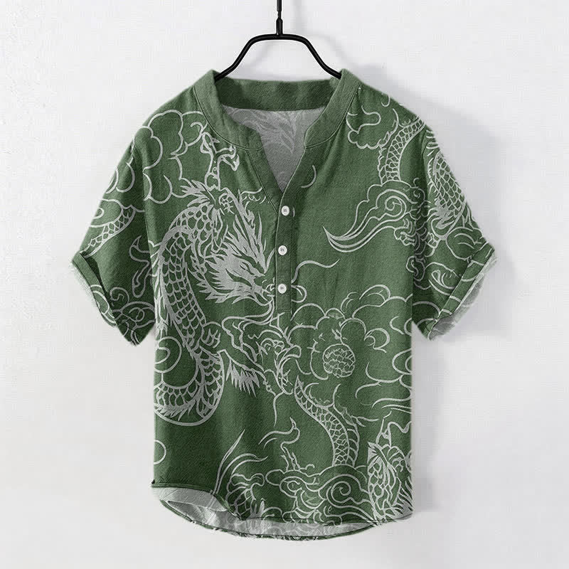 Buddha Stones Baumwollhemd für Herren, weiß, mit Drachen- und Wolkenmuster, Kurzarm, halbe Knopfleiste - Waldgrün - US/UK/AU50, EU60 (5XL) - image 5