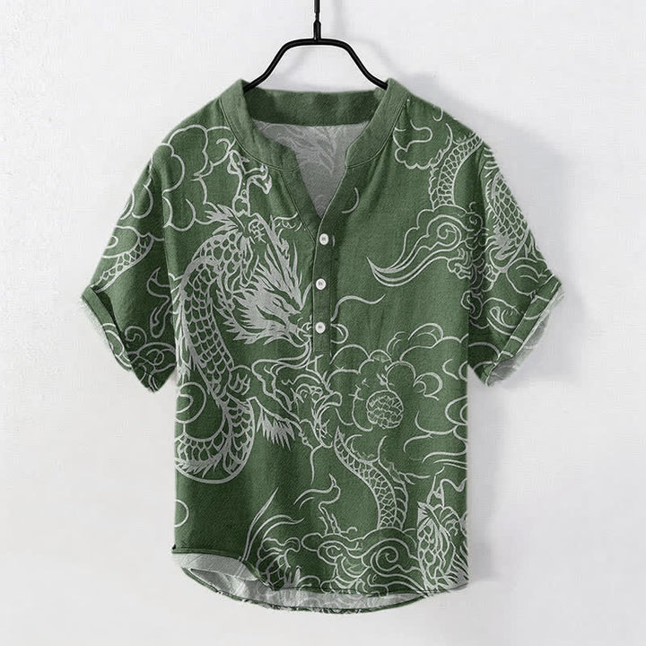 Buddha Stones Baumwollhemd für Herren, weiß, mit Drachen- und Wolkenmuster, Kurzarm, halbe Knopfleiste - Waldgrün - US/UK/AU50, EU60 (5XL) - image 5