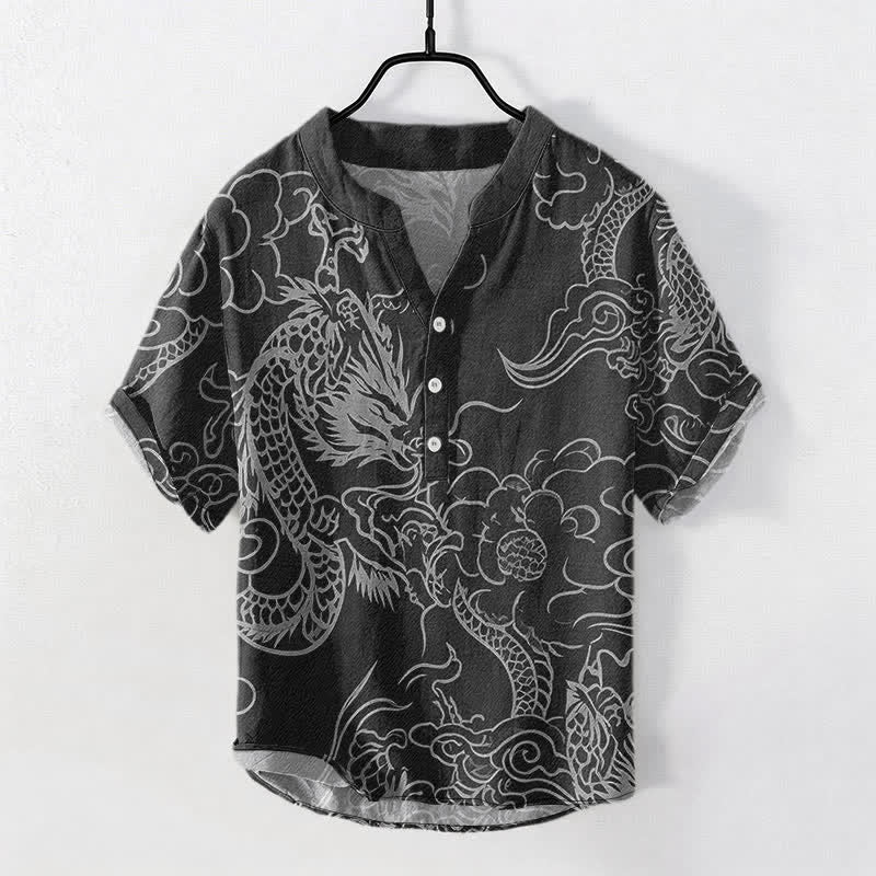 Buddha Stones Baumwollhemd für Herren, weiß, mit Drachen- und Wolkenmuster, Kurzarm, halbe Knopfleiste - Schwarz - US/UK/AU50, EU60 (5XL) - image 7