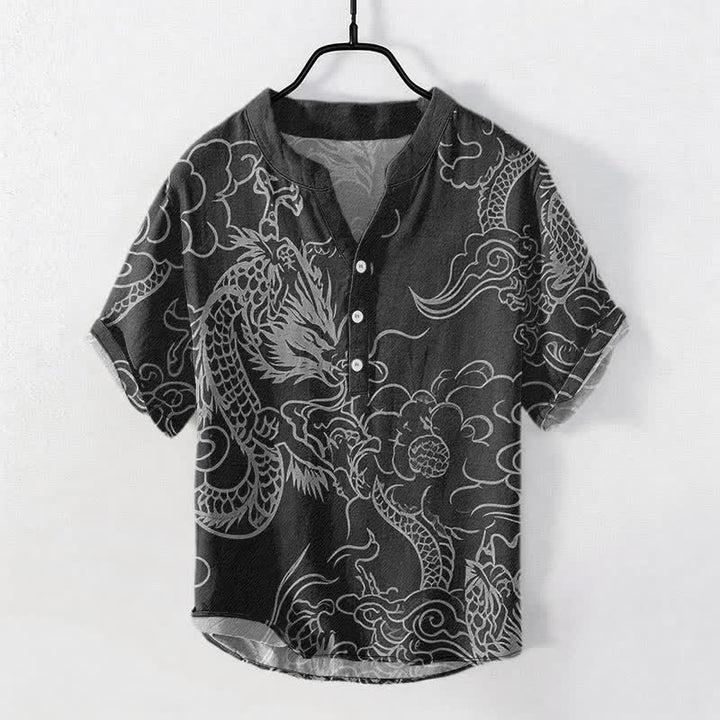 Buddha Stones Baumwollhemd für Herren, weiß, mit Drachen- und Wolkenmuster, Kurzarm, halbe Knopfleiste - Schwarz - US/UK/AU50, EU60 (5XL) - image 7