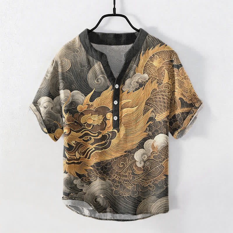 Buddha Stones Kurzarmhemd aus Baumwolle mit goldenem Drachenmuster für Herren, halbknöpfig, kurzärmelig, mit halber Knopfleiste - DimGray - US/ UK/AU50, EU60 (5XL) - image 0