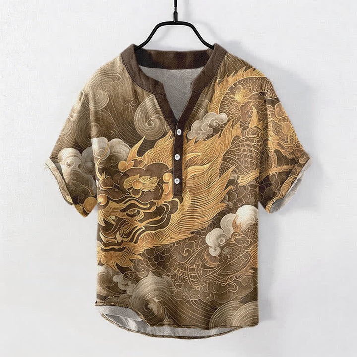 Buddha Stones Kurzarmhemd aus Baumwolle mit goldenem Drachenmuster für Herren, halbknöpfig, kurzärmelig, mit halber Knopfleiste - Sattelbraun - US/ UK/AU50, EU60 (5XL) - image 5