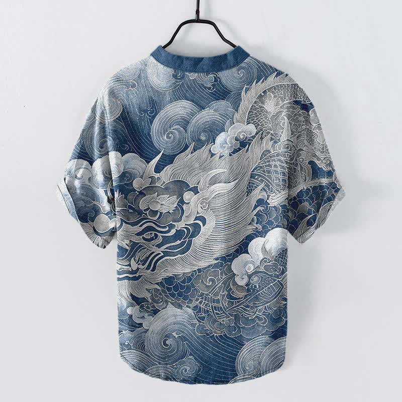 Buddha Stones Kurzarmhemd aus Baumwolle mit goldenem Drachenmuster für Herren, halbknöpfig, kurzärmelig, mit halber Knopfleiste - SteelBlue - US/ UK/AU50, EU60 (5XL) - image 7