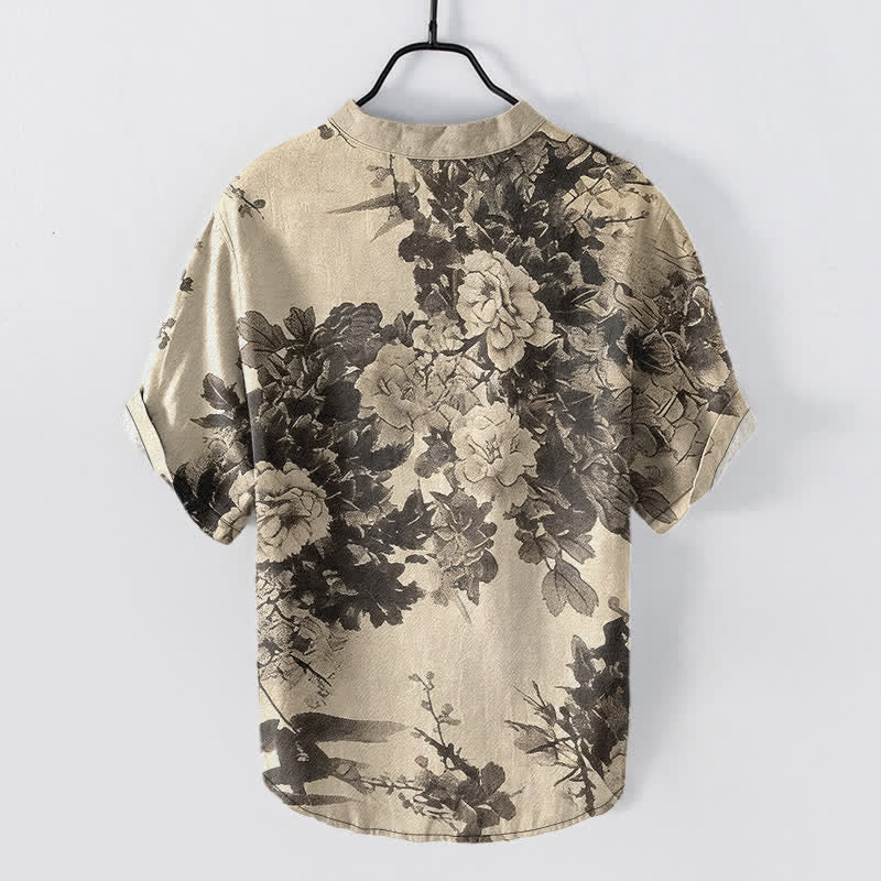Buddha Stones Kurzarmhemd mit halbem Knopfverschluss und floralem Muster aus Baumwolle - Beige - US/ UK/AU50, EU60 (5XL) - image 0