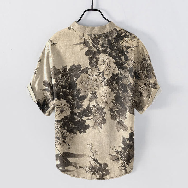 Buddha Stones Kurzarmhemd mit halbem Knopfverschluss und floralem Muster aus Baumwolle - Beige - US/ UK/AU50, EU60 (5XL) - image 0