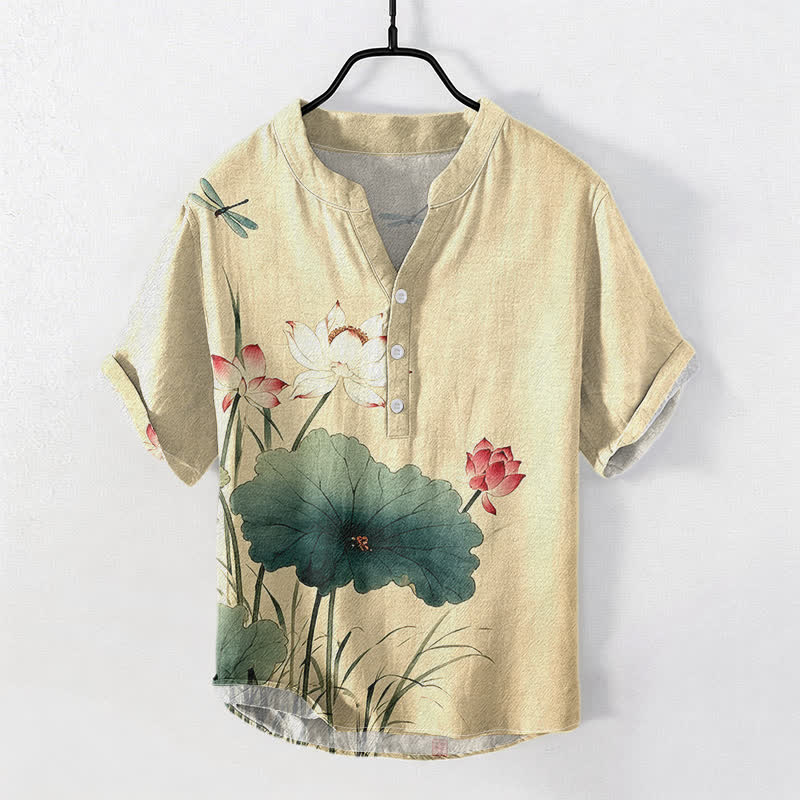 Buddha Stones Baumwollhemd mit Lotus-Libellenmuster, Kurzarm, halbe Knopfleiste, Herrenhemd, Kurzarm, Herrenhemd, Herrenhemd, Kurzarm, halbe Knopfleiste - Leinen - US/ UK/AU50, EU60 (5XL) - image 0
