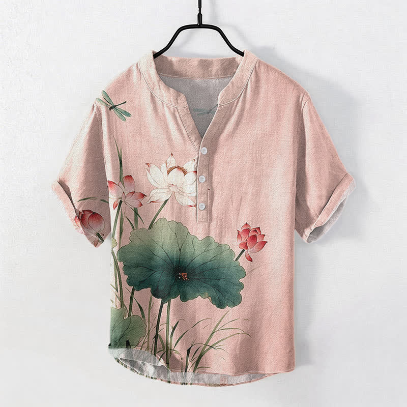 Buddha Stones Baumwollhemd mit Lotus-Libellenmuster, Kurzarm, halbe Knopfleiste, Herrenhemd, Kurzarm, Herrenhemd, Herrenhemd, Kurzarm, halbe Knopfleiste - Hellrosa - US/ UK/AU50, EU60 (5XL) - image 3