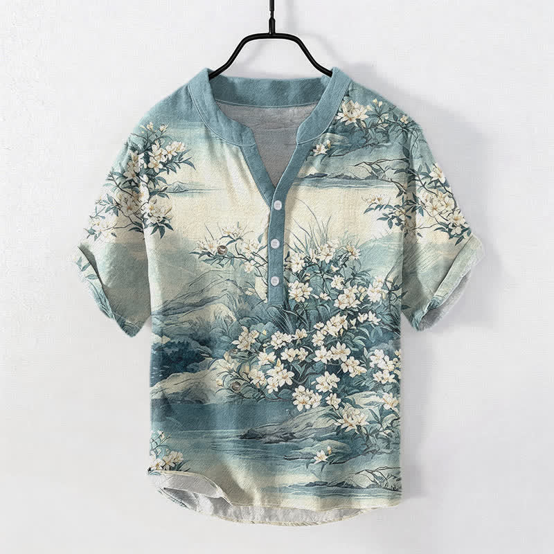 Buddha Stones Kurzarmhemd aus Baumwolle mit floralem Landschaftsmuster und halber Knopfleiste für Herren - Dunkeltürkis - US/ UK/AU50, EU60 (5XL) - image 0