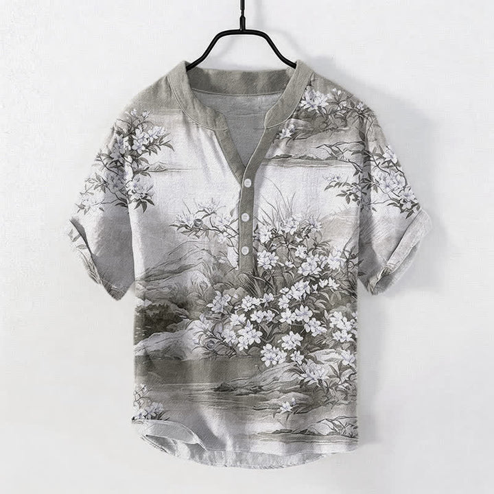 Buddha Stones Kurzarmhemd aus Baumwolle mit floralem Landschaftsmuster und halber Knopfleiste für Herren - Hellgrau - US/ UK/AU50, EU60 (5XL) - image 5
