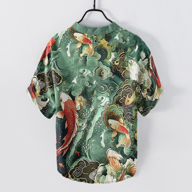 Buddha Stones Kurzarmhemd aus Baumwolle mit Koi-Fisch-Wellenmuster, Herren, halb geknöpft, Kurzarm - image 1