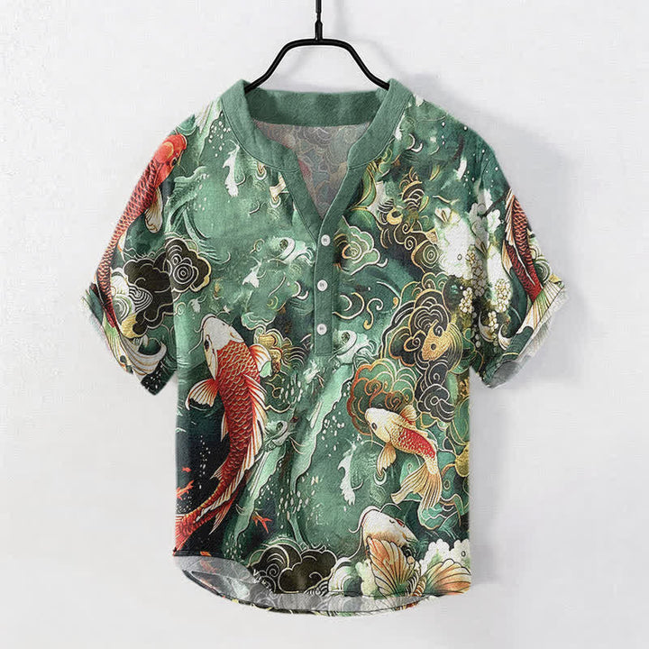 Buddha Stones Kurzarmhemd aus Baumwolle mit Koi-Fisch-Wellenmuster, Herren, halb geknöpft, Kurzarm - Mittelseegrün - US/UK/AU50, EU60 (5XL) - image 0