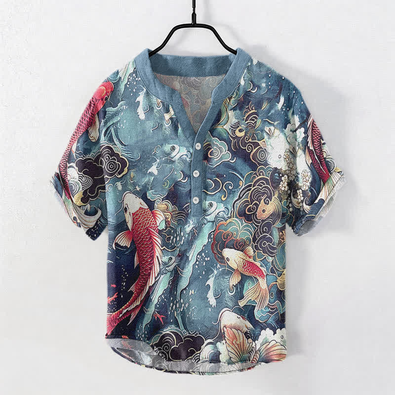 Buddha Stones Kurzarmhemd aus Baumwolle mit Koi-Fisch-Wellenmuster, Herren, halb geknöpft, Kurzarm - Türkis - US/UK/AU50, EU60 (5XL) - image 5