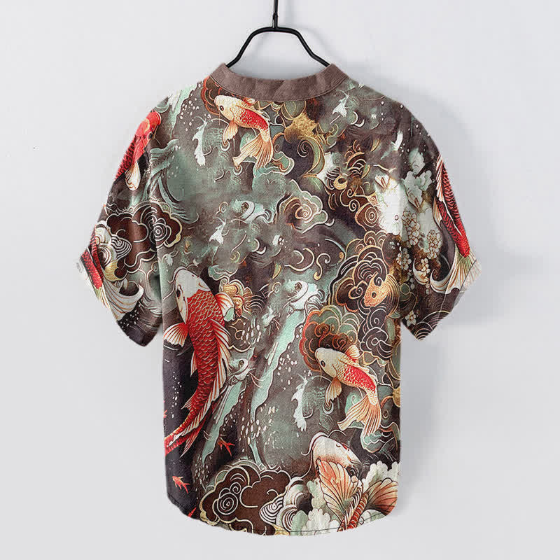 Buddha Stones Kurzarmhemd aus Baumwolle mit Koi-Fisch-Wellenmuster, Herren, halb geknöpft, Kurzarm - image 8