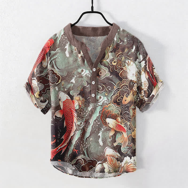 Buddha Stones Kurzarmhemd aus Baumwolle mit Koi-Fisch-Wellenmuster, Herren, halb geknöpft, Kurzarm - Sienna - US/UK/AU50, EU60 (5XL) - image 7
