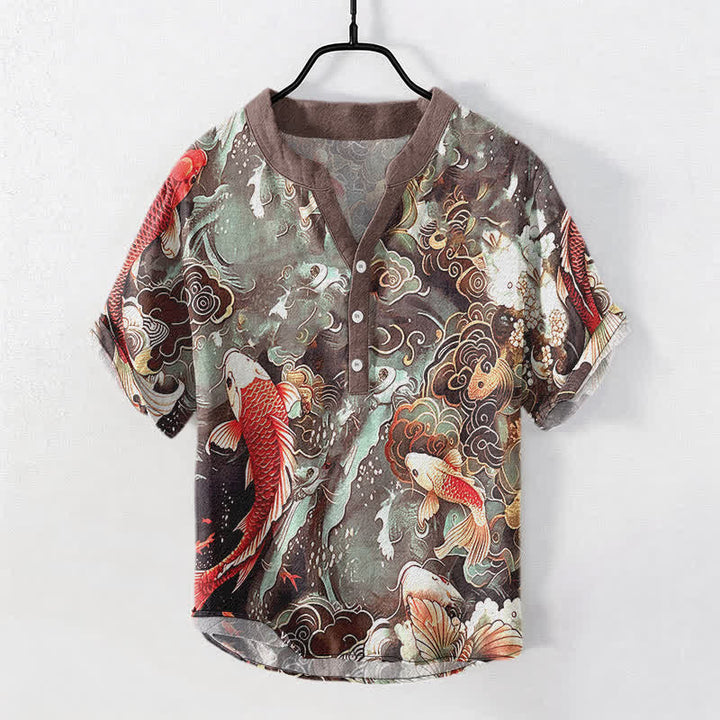 Buddha Stones Kurzarmhemd aus Baumwolle mit Koi-Fisch-Wellenmuster, Herren, halb geknöpft, Kurzarm - Sienna - US/UK/AU50, EU60 (5XL) - image 7