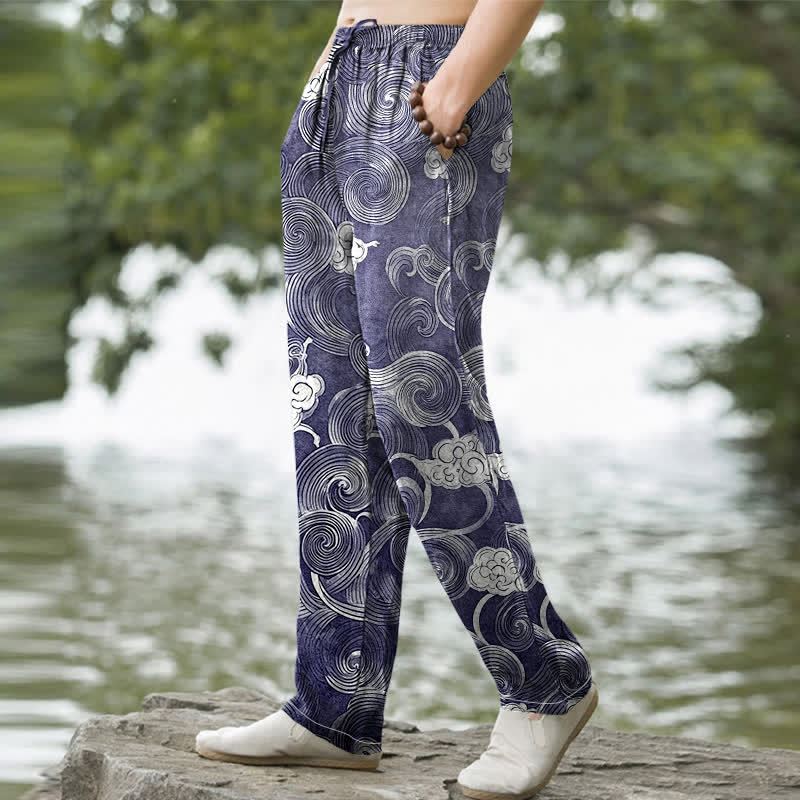 Buddha Stones Herrenhose aus Baumwolle mit Wolken- und Wellenmuster, schmal zulaufend und mit Taschen - image 1