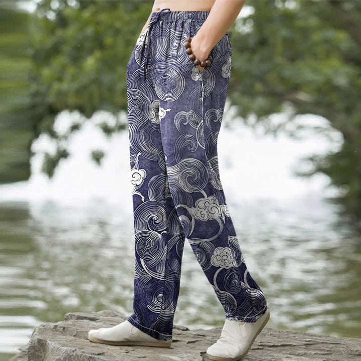 Buddha Stones Herrenhose aus Baumwolle mit Wolken- und Wellenmuster, schmal zulaufend und mit Taschen - image 1