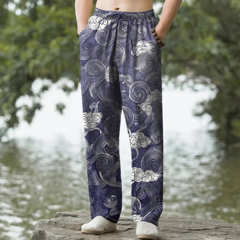 Buddha Stones Herrenhose aus Baumwolle mit Wolken- und Wellenmuster, schmal zulaufend und mit Taschen - Marine - US/ UK/AU50, EU60 (5XL) - image 0