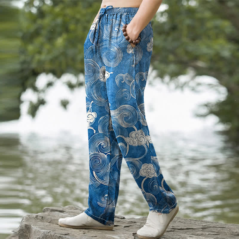 Buddha Stones Herrenhose aus Baumwolle mit Wolken- und Wellenmuster, schmal zulaufend und mit Taschen - image 5