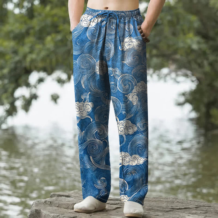 Buddha Stones Herrenhose aus Baumwolle mit Wolken- und Wellenmuster, schmal zulaufend und mit Taschen - DodgerBlue - US/ UK/AU50, EU60 (5XL) - image 4