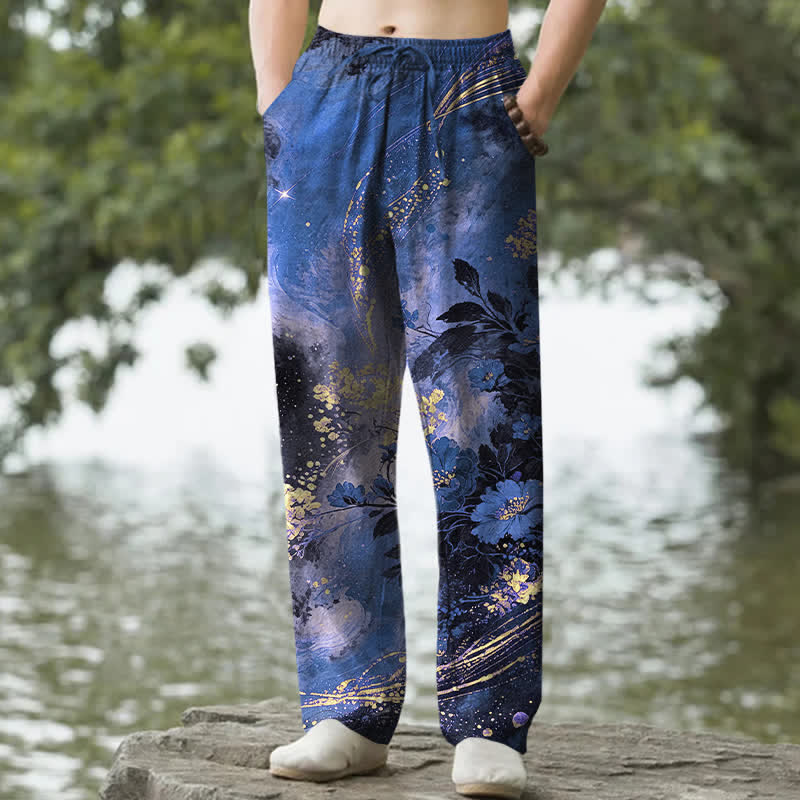 Buddha Stones Herrenhose aus Baumwolle mit floralem Sternenmuster, schmal zulaufendem Schnitt und Taschen - Königsblau - US/ UK/AU50, EU60 (5XL) - image 0