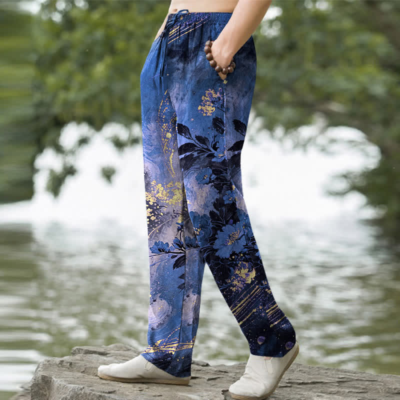 Buddha Stones Herrenhose aus Baumwolle mit floralem Sternenmuster, schmal zulaufendem Schnitt und Taschen - image 1